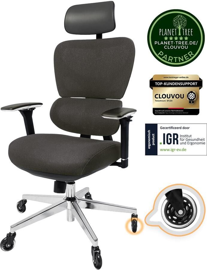 CLOUVOU Ergonomische Bureaustoel ProSeat 4D Armleuningen Bureau Stoel voor Volwassenen Max 150 kg Thermoregulerende bekleding Antraciet - Foto 2