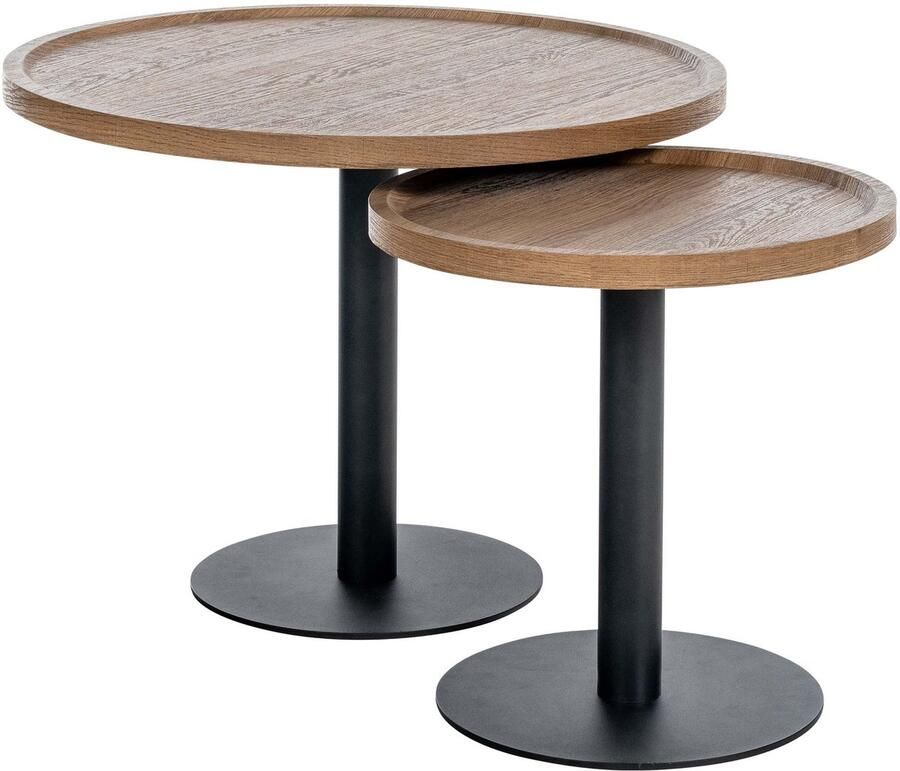 CLP Aspen Set van 2 bijzettafels rond salontafel houten blad mat zwart metalen onderstel bruin