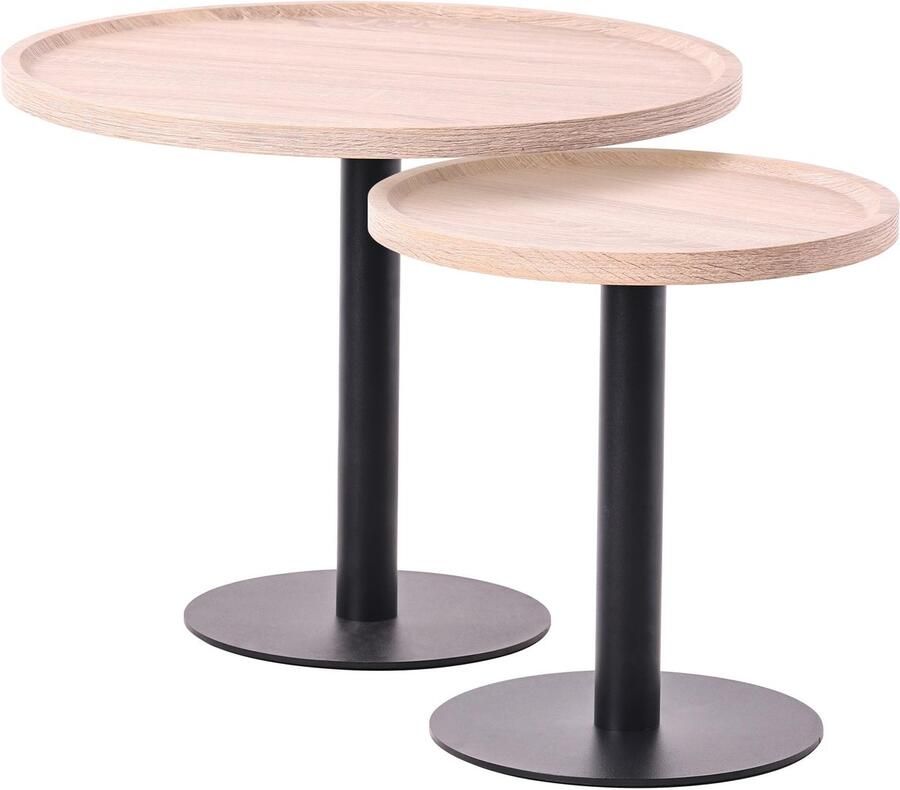 CLP Aspen Set van 2 bijzettafels rond salontafel houten blad mat zwart metalen onderstel eik