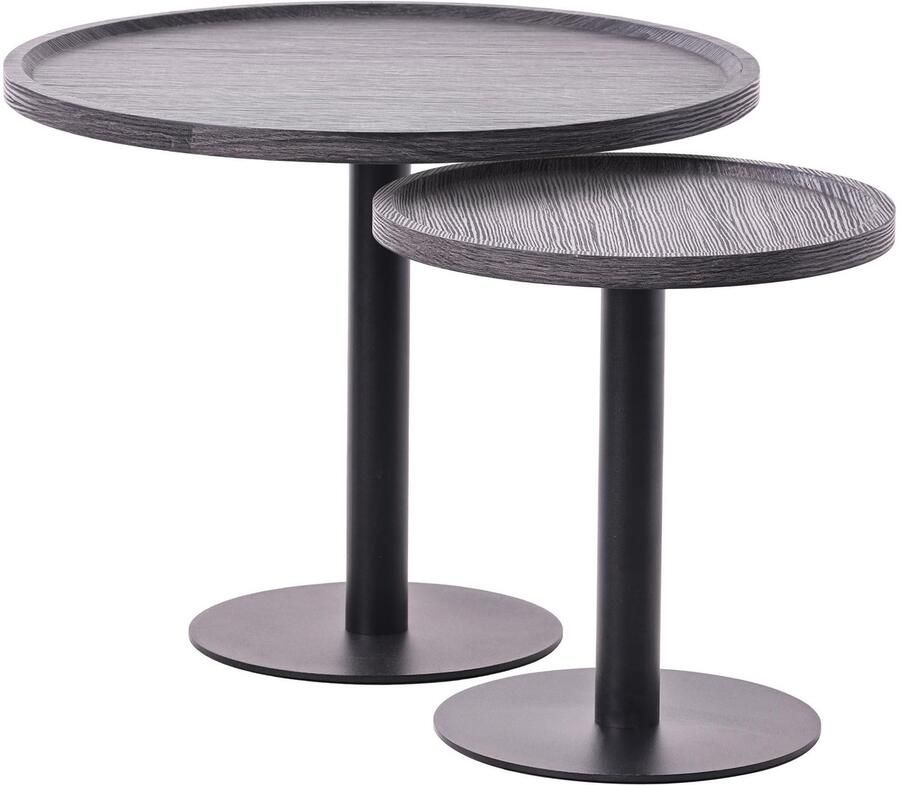 CLP Aspen Set van 2 bijzettafels rond salontafel houten blad mat zwart metalen onderstel grijs