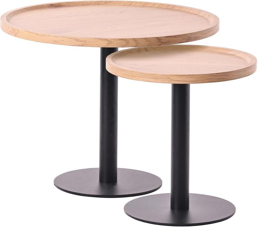 CLP Aspen Set van 2 bijzettafels rond salontafel houten blad mat zwart metalen onderstel natura