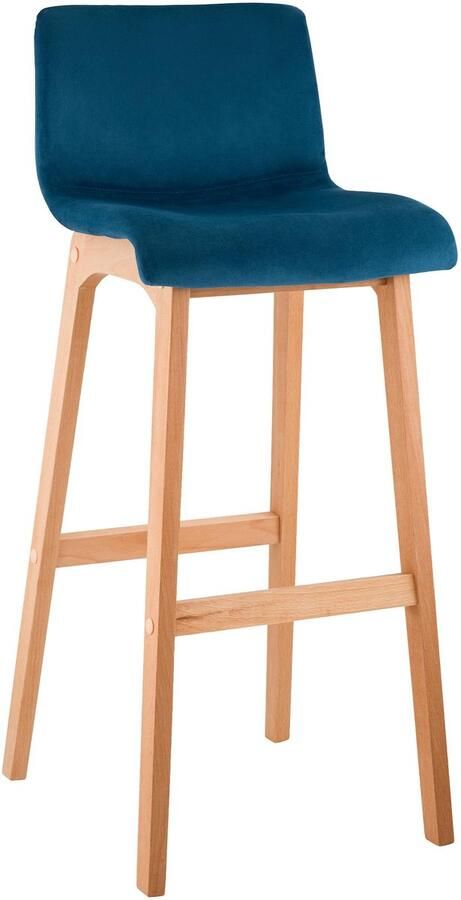 CLP Barkruk Hover met rugleuning hout vierpoot frame uit natura hout velvet fluweel blauw natura