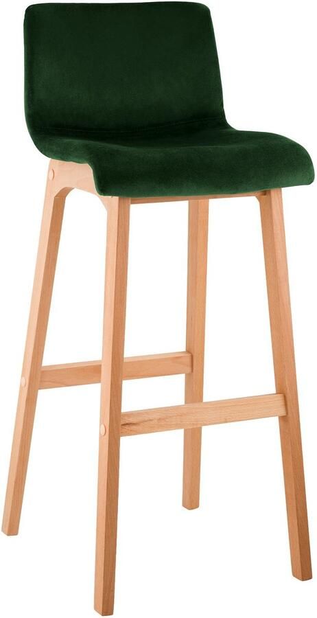 CLP Barkruk Hover met rugleuning hout vierpoot frame uit natura hout velvet fluweel groen natura