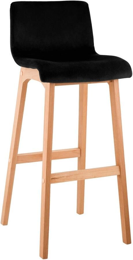 CLP Barkruk Hover met rugleuning hout vierpoot frame uit natura hout velvet fluweel zwart natura