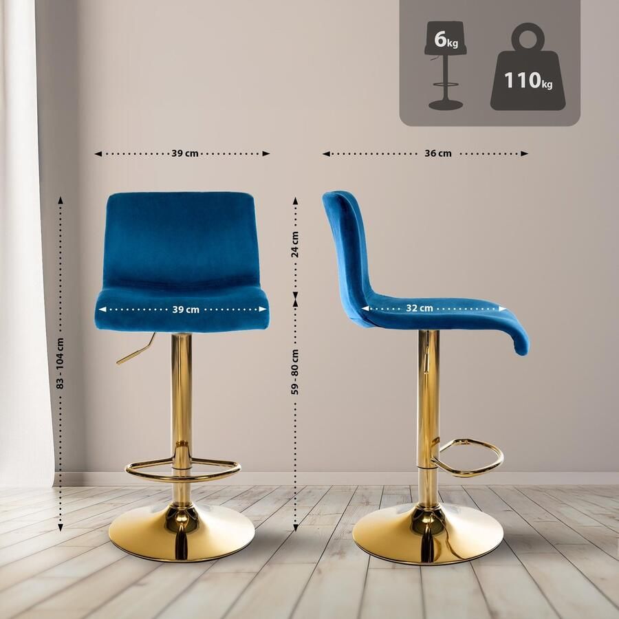 CLP Barkruk Hover met rugleuning verstelbaar draaibar metalen frame fluweel goud blauw