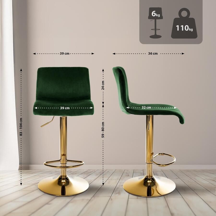 CLP Barkruk Hover met rugleuning verstelbaar draaibar metalen frame fluweel goud groen