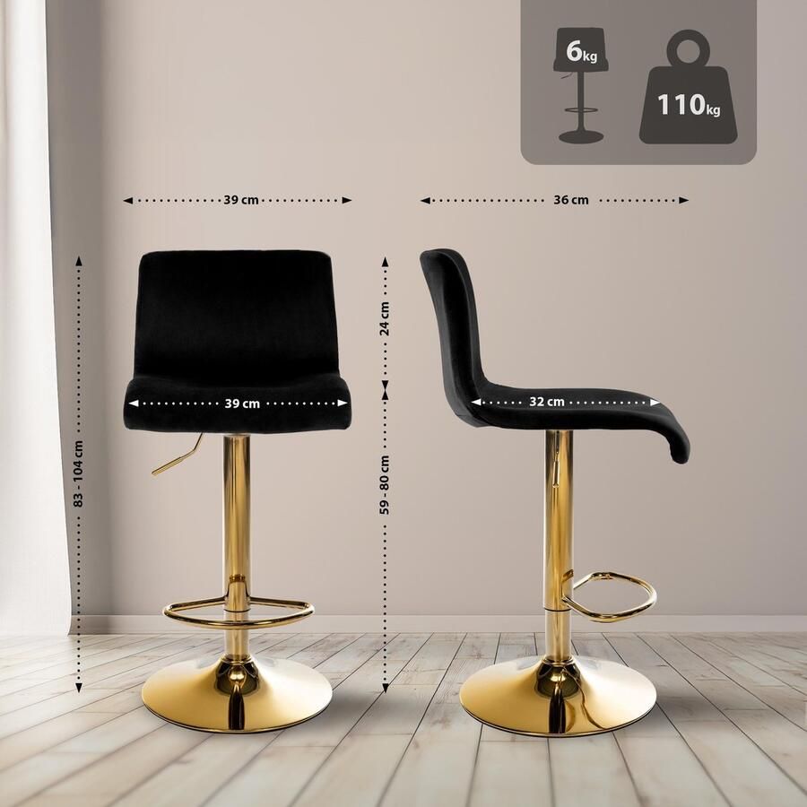 CLP Barkruk Hover met rugleuning verstelbaar draaibar metalen frame fluweel goud zwart