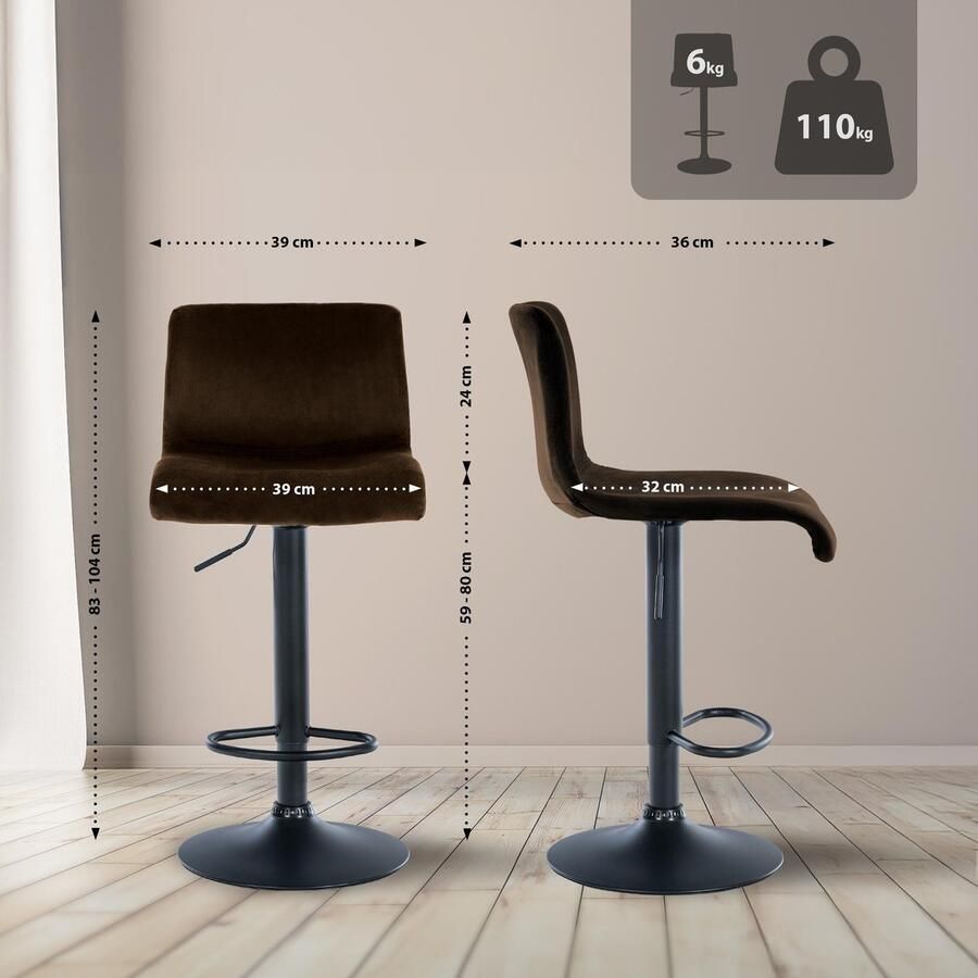 CLP Barkruk Hover met rugleuning verstelbaar draaibar metalen frame fluweel zwart bruin