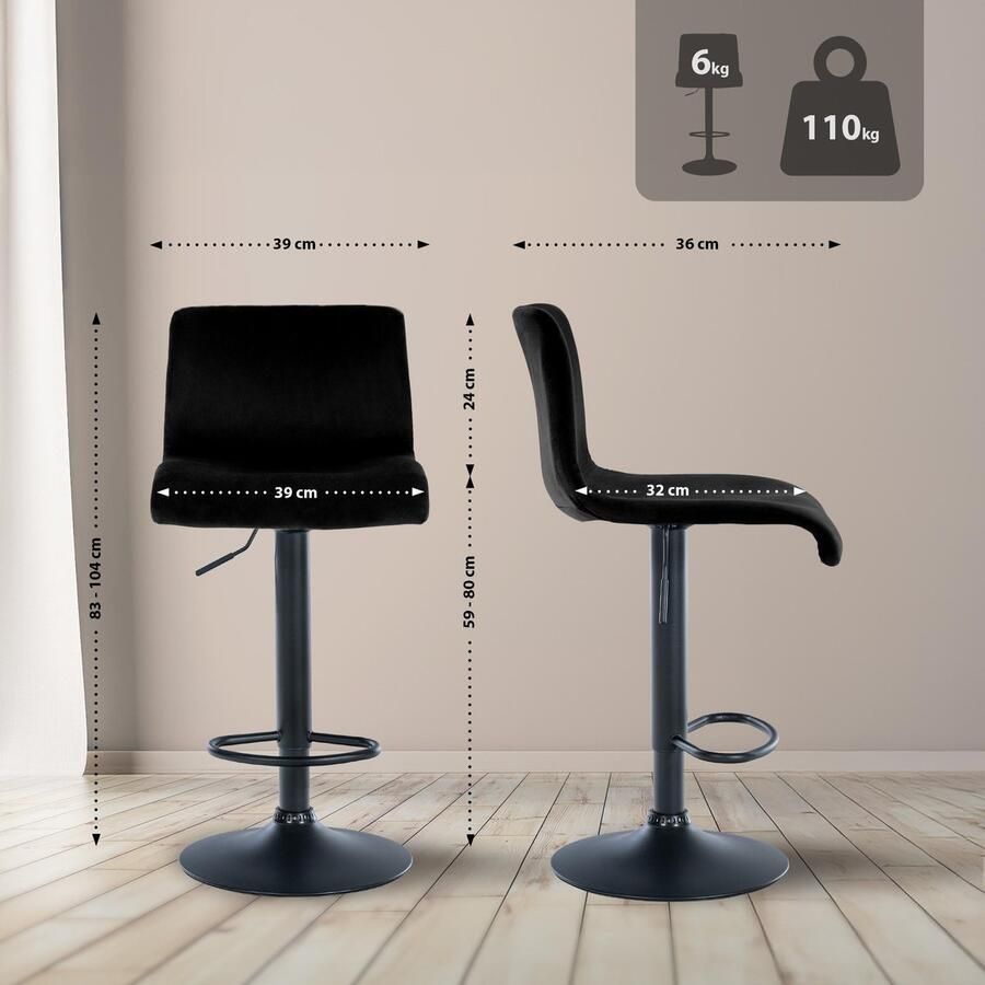 CLP Barkruk Hover met rugleuning verstelbaar draaibar metalen frame fluweel zwart zwart