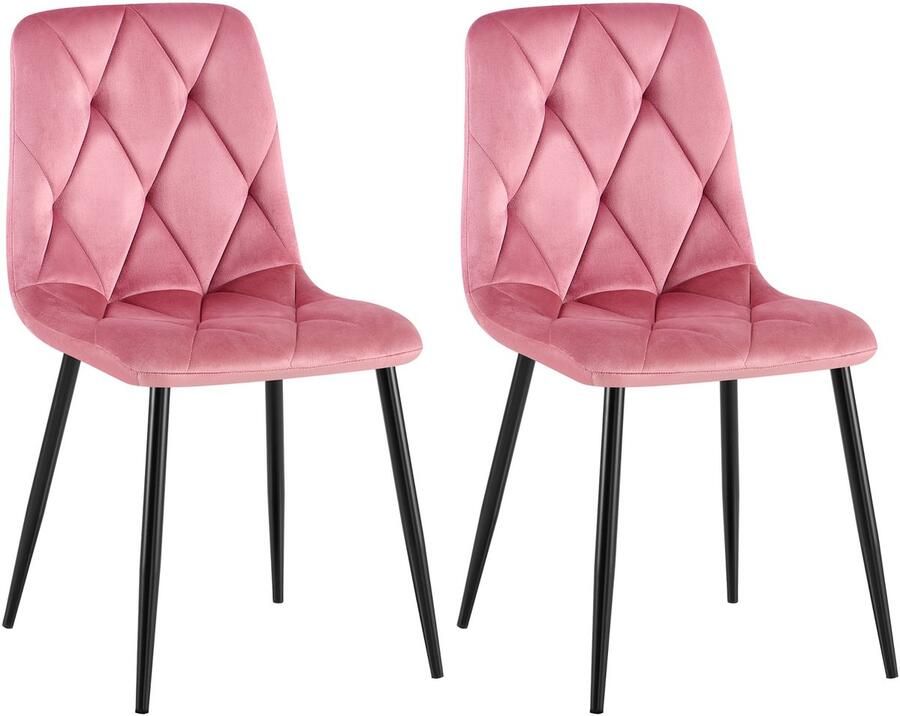 CLP Clairton Set van 2 Eetkamerstoelen klassiek met zwart metalen frame Belastbaar tot 150 kg fluweel Velvet Fluweel roze