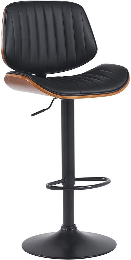 Clp Clawson Barkruk met rugleuning en voetensteun met gebogen houten frame in hoogte verstelbaar en draaibaar Kunstleer walnoot zwart