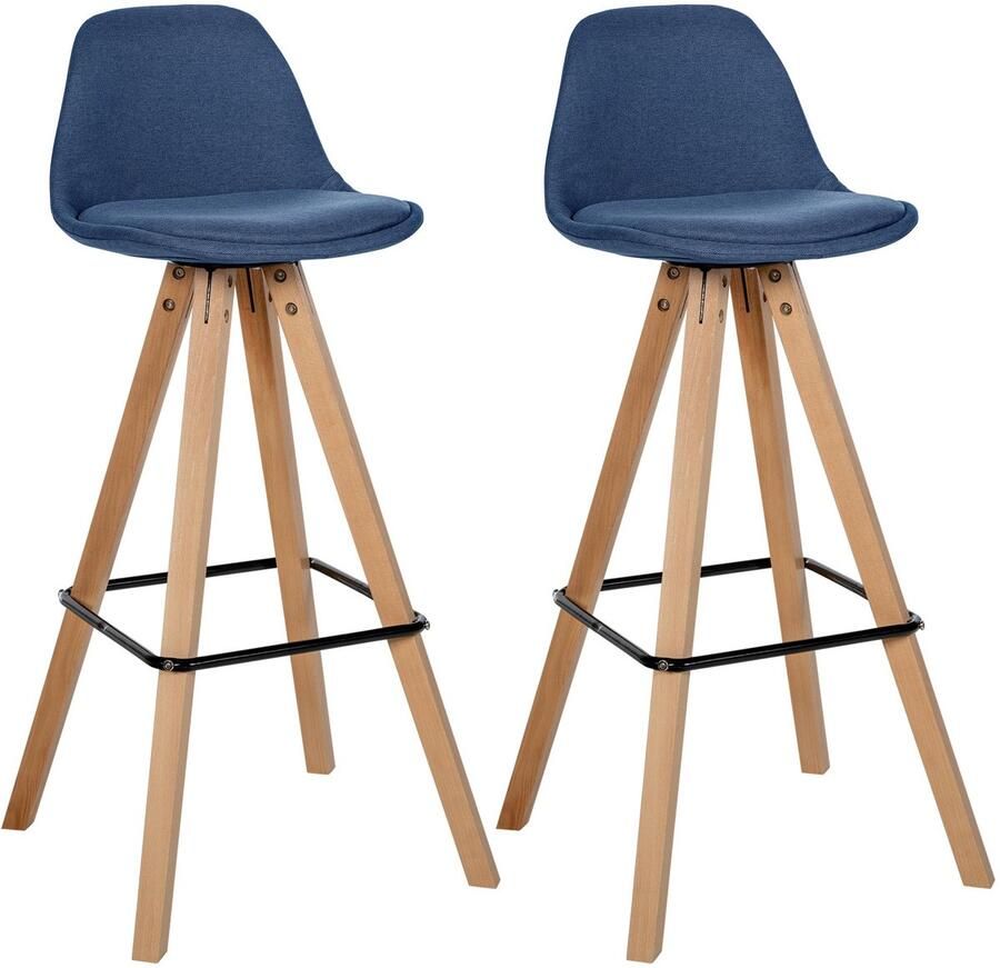 CLP Corbin 2er Set barkrukken Met rugleuning Hout Vierkant frame Stof natura blauw