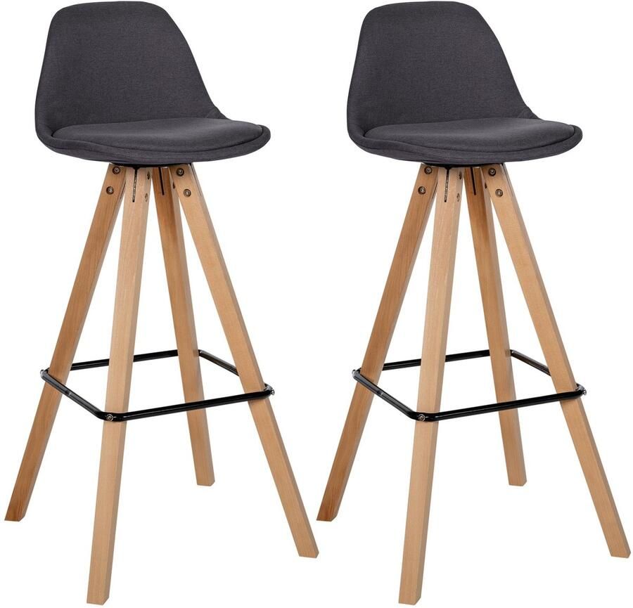 CLP Corbin 2er Set barkrukken Met rugleuning Hout Vierkant frame Stof natura donkergrijs