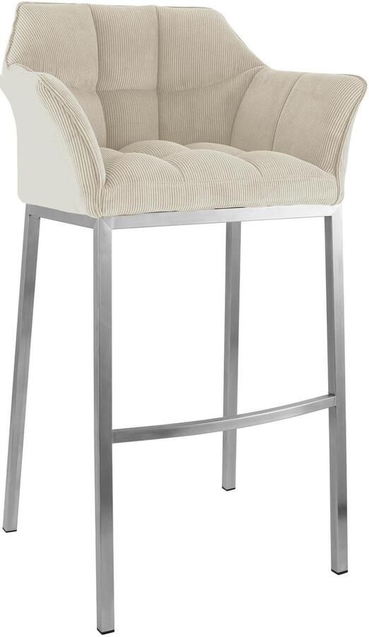 CLP Damaso Barkruk met rugleuning met armleuning met voetsteun cord ribstof roestvrij staal creme