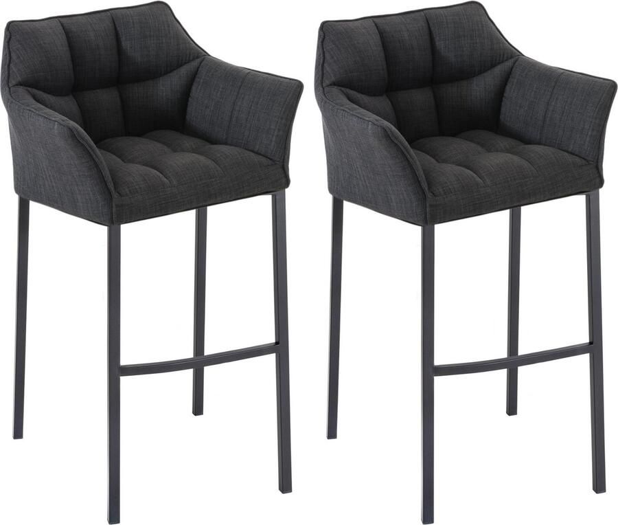 CLP Damaso Set van 2 barkrukken armleuning met rugleuning met voetensteun met 4-poots onderstel Stof donkergrijs zwart