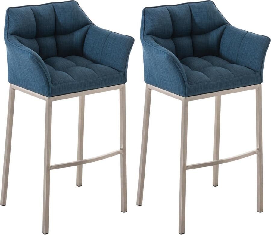 CLP Damaso Set van 2 barkrukken armleuning met rugleuning met voetensteun met 4-poots onderstel Stof blauw roestvrij staal