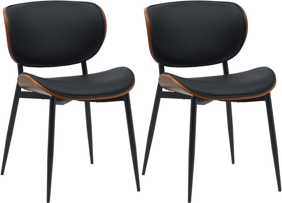 CLP Enid Set van 2 Eetkamerstoelen bezoekersstoel met rugleuning en bekleding metalen frame hout Kunstleer walnoot zwart