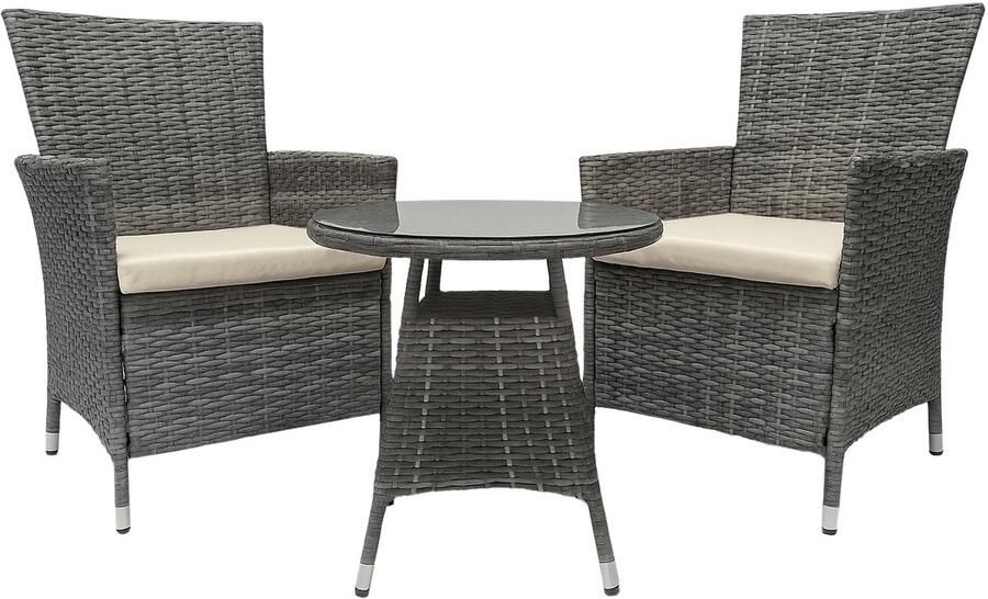 CLP Fireda Eettafel & Loungeset 3-Delige Tuinset van Duurzaam PE Rotan Inclusief 2 Stoelen met Dikke Kussens & Ronde Tafel grijs gevlekt