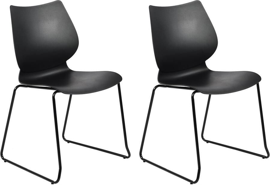 CLP Houma 2er Set eetkamerstoel vergaderstoel met rugleuning stapelbaar kunststof zwart
