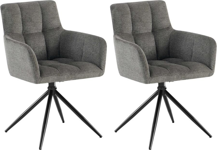 CLP Jonah Set van 2 eetkamerstoelen met armleuning klassiek Draaibare 180° automatisch terugdraaimechanisme stof donkergrijs