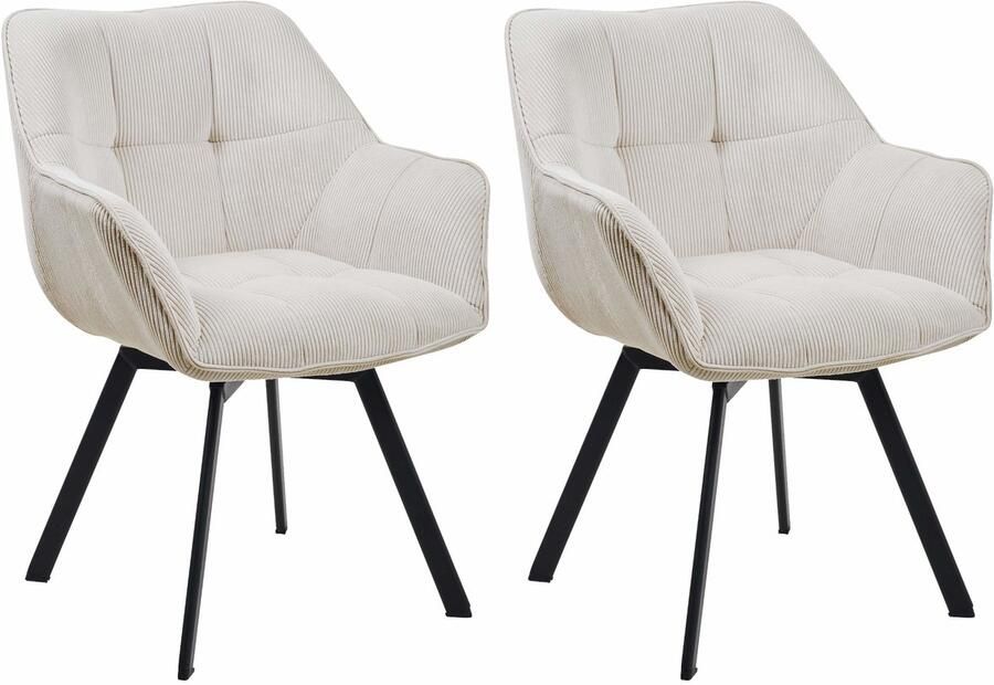 CLP Jordi Set van 2 eetkamerstoelen Met armleuning Metaal frame Ribstof creme