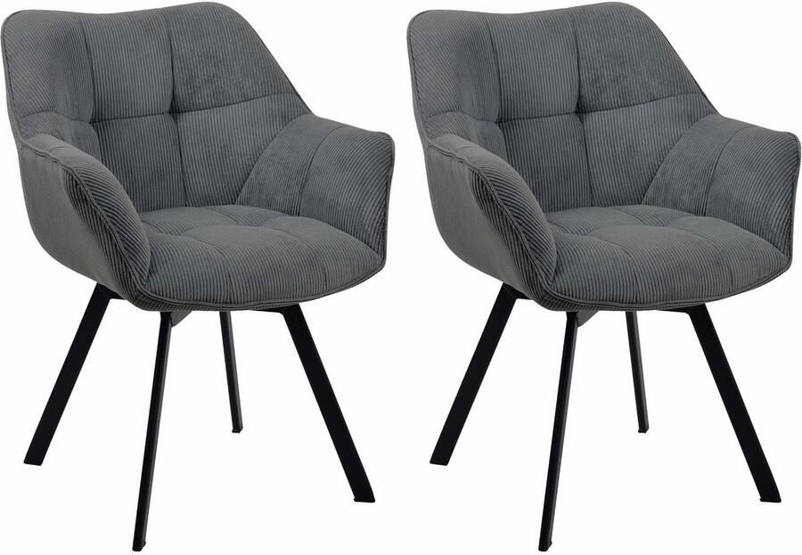 CLP Jordi Set van 2 eetkamerstoelen Met armleuning Metaal frame Ribstof donkergrijs