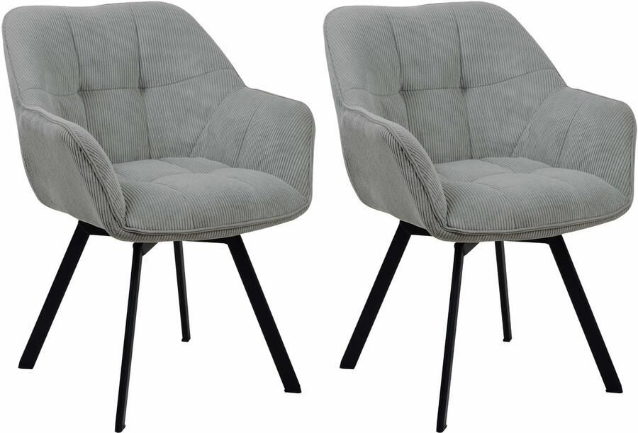 CLP Jordi Set van 2 eetkamerstoelen Met armleuning Metaal frame Ribstof grijs