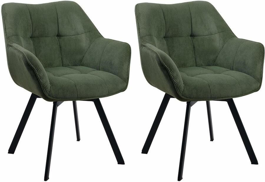 CLP Jordi Set van 2 eetkamerstoelen Met armleuning Metaal frame Ribstof groen