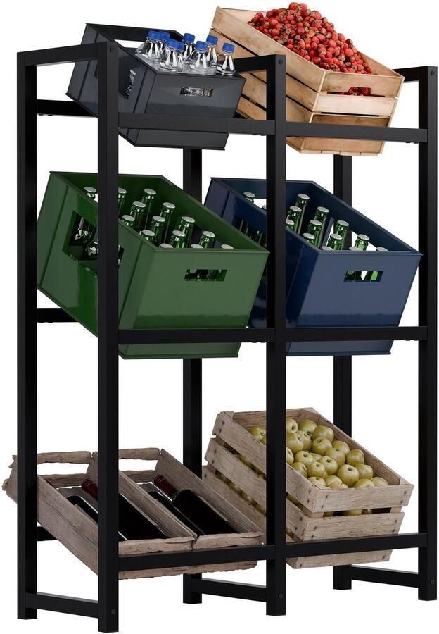 CLP Krattenrek Stack Metalen Drankkrat Rek voor 2 tot 9 Kratten Stevige Flessenkrat Standaard Moderne Uitstraling zwart 6 Kratten