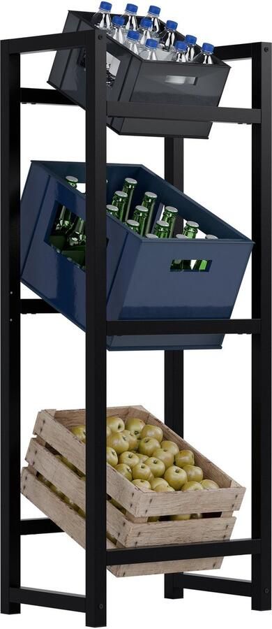 CLP Krattenrek Stack Metalen Drankkrat Rek voor 2 tot 9 Kratten Stevige Flessenkrat Standaard Moderne Uitstraling zwart 3 Kratten