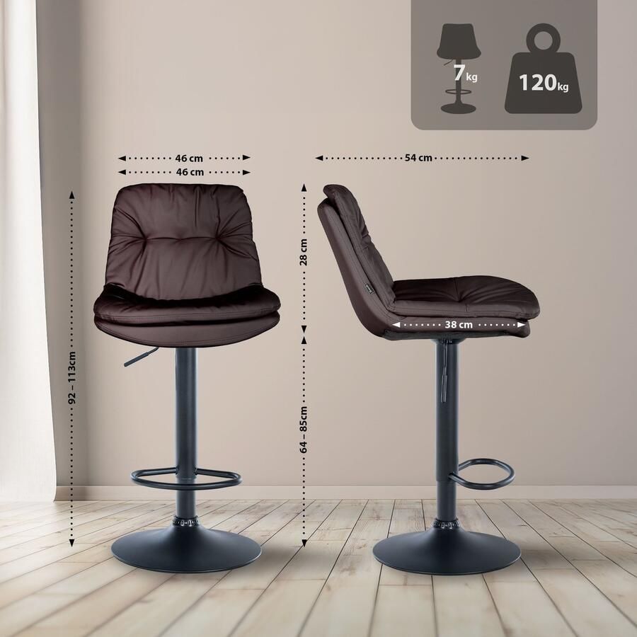 CLP Laurel Barkruk met rugleuning in hoogte verstelbaar met voetensteun kunstleer zwart bruin