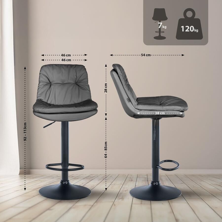 CLP Laurel Barkruk met rugleuning in hoogte verstelbaar met voetensteun kunstleer zwart grijs