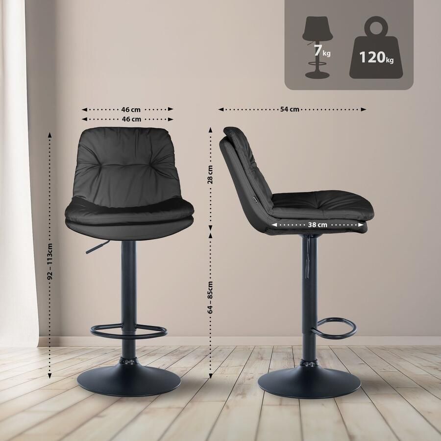 CLP Laurel Barkruk met rugleuning in hoogte verstelbaar met voetensteun kunstleer zwart zwart