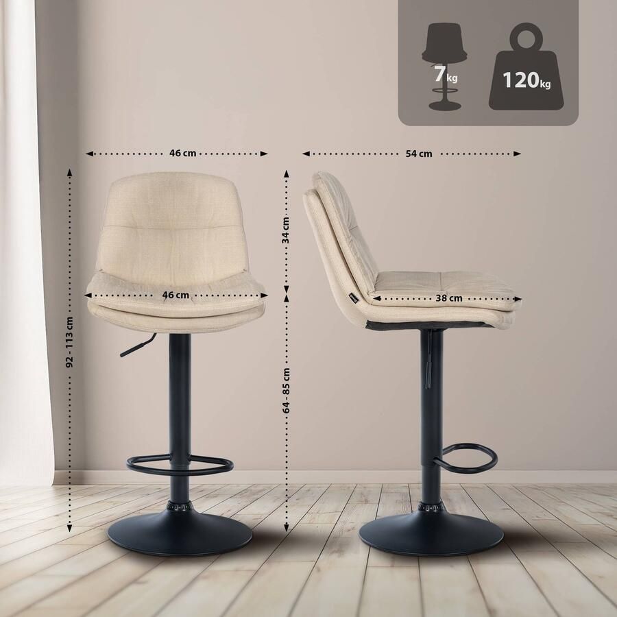 CLP Laurel Barkruk met rugleuning in hoogte verstelbaar met voetensteun stof zwart creme