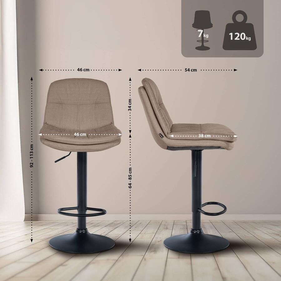 CLP Laurel Barkruk met rugleuning in hoogte verstelbaar met voetensteun stof zwart taupe