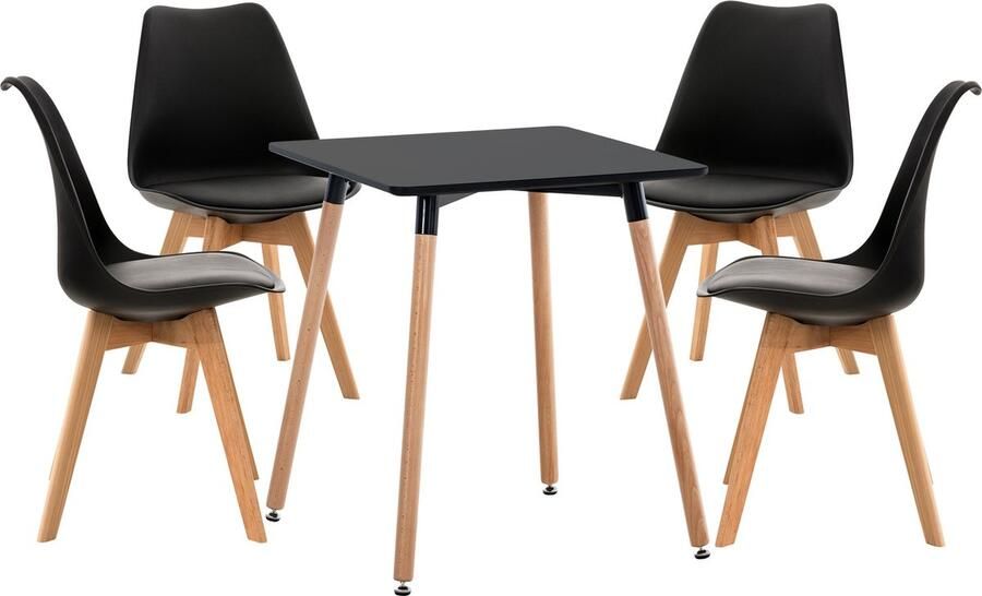 CLP Liborg eetkamerset eettafel met stoelen Set van 4x stoel Linares en 1x tafel Viborg Vierkant tafelblad 60 x 60 cm Moderne zwart