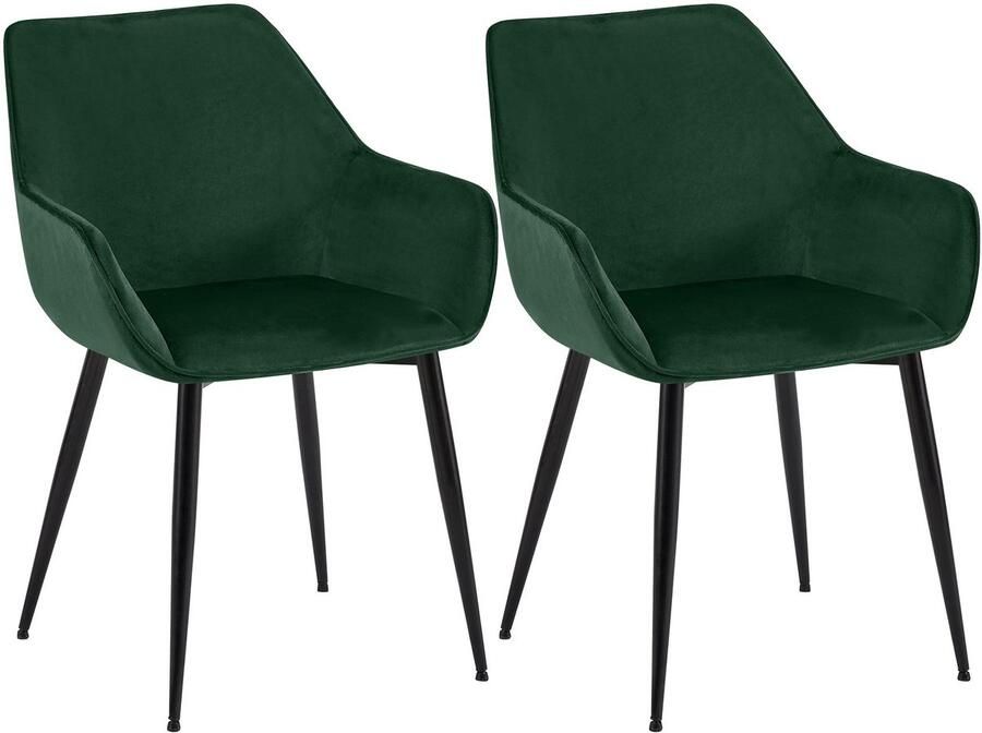 CLP Luena Set van 2 eetkamerstoelen met armleuning zwart metalen frame tot 150 kg belastbaar Fluweel groen