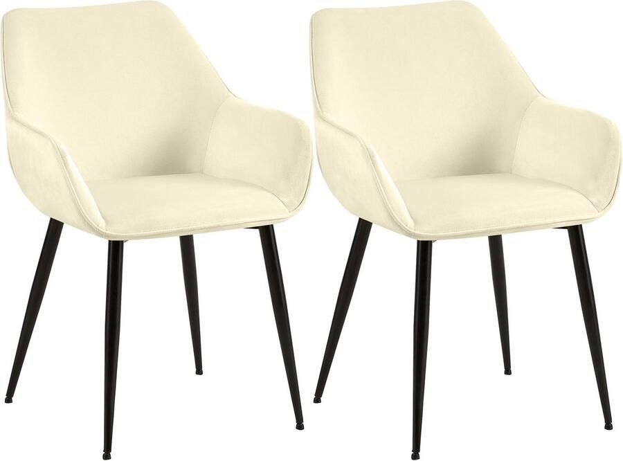 CLP Luena Set van 2 eetkamerstoelen met armleuning zwart metalen frame tot 150 kg belastbaar Fluweel creme