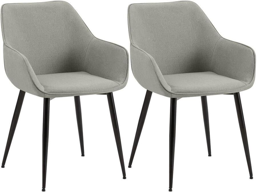 CLP Luena Set van 2 eetkamerstoelen met armleuning zwart metalen frame tot 150 kg belastbaar Stof licht grijs