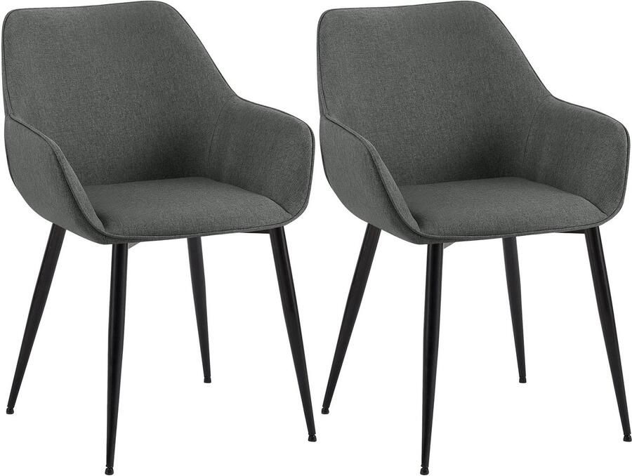 CLP Luena Set van 2 eetkamerstoelen met armleuning zwart metalen frame tot 150 kg belastbaar Stof donkergrijs