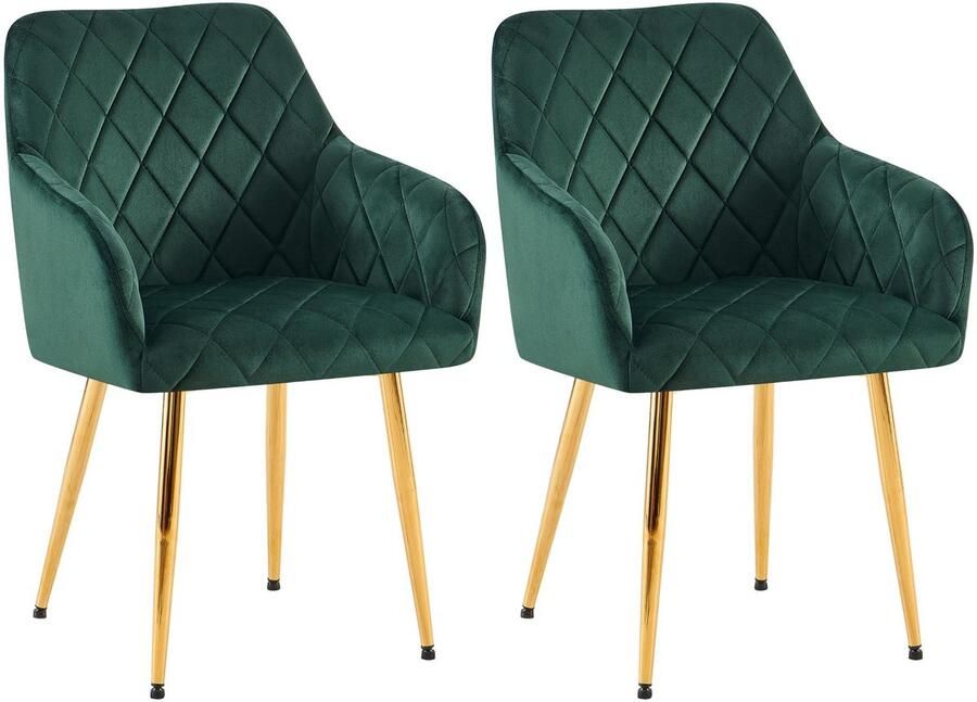 CLP Monett Set van 2 eetkamerstoelen met armleuning klassiek metalen frame Velvet goud groen