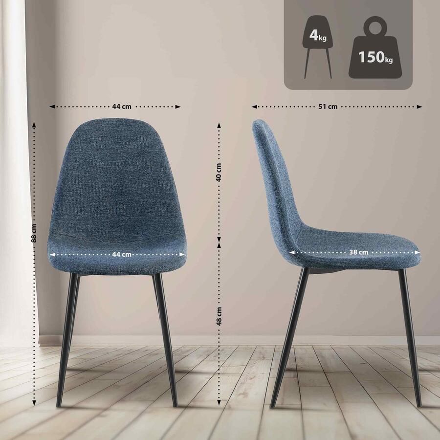 CLP Napier Eetkamerstoel Modern Design Zonder armleuning Metalen Onderstel Comfortabele Rugleuning Max. 150 kg Stof donkerblauw