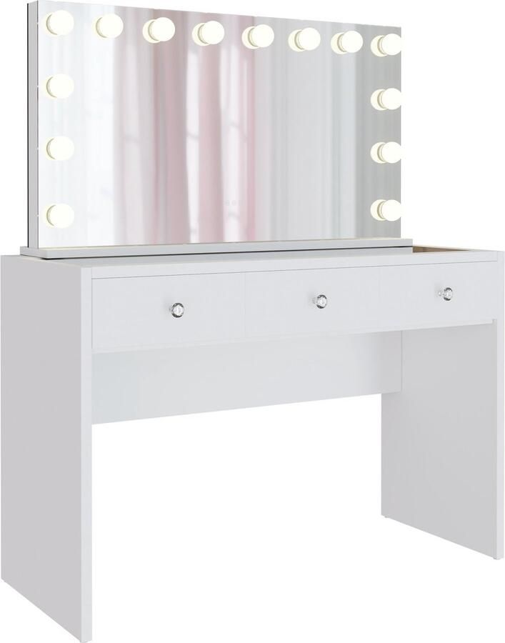 Clp Nettie kaptafel met spiegel Cosmetische tafel met LED-verlichting met 3 laden glazen blad en USB-poorten wit