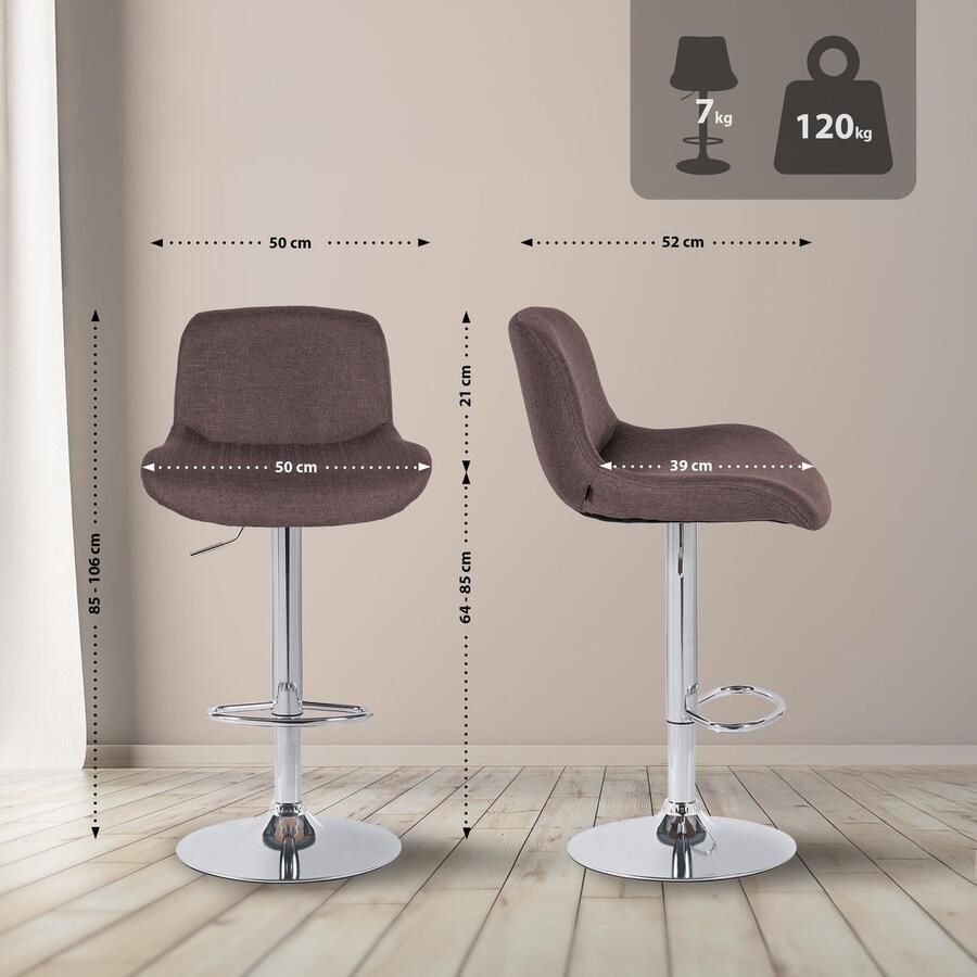 CLP Solon Barkruk met rugleuning in hoogte verstelbare draaibaar chroom frame chroom donkerbruin