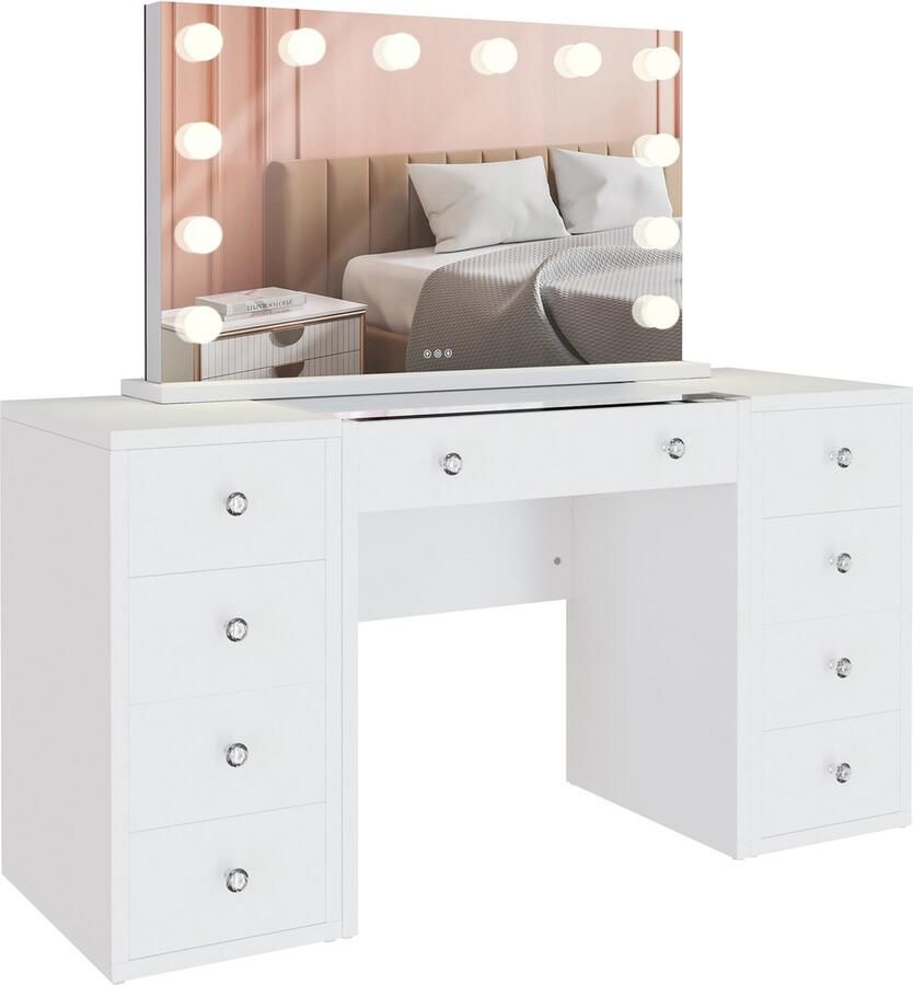 CLP Tiline kaptafel met grote spiegel Cosmetische tafel met LED-verlichting met 9 laden glazen blad USB-poort wit - Foto 2