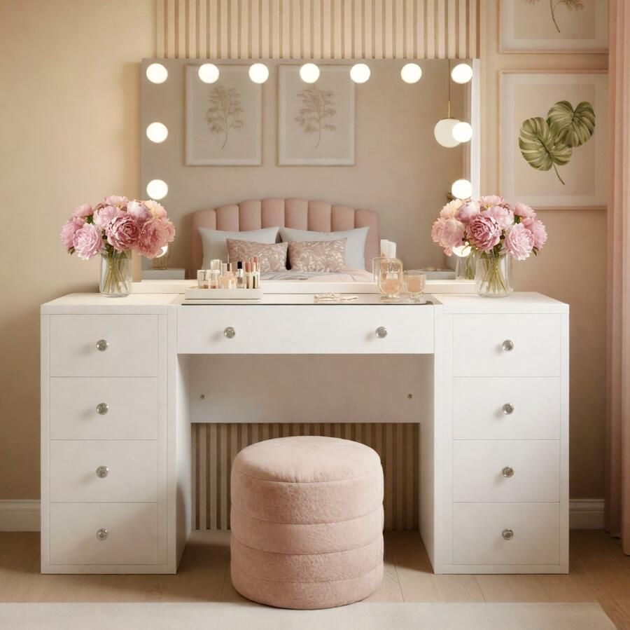 CLP Tiline kaptafel met grote spiegel Cosmetische tafel met LED-verlichting met 9 laden glazen blad USB-poort wit