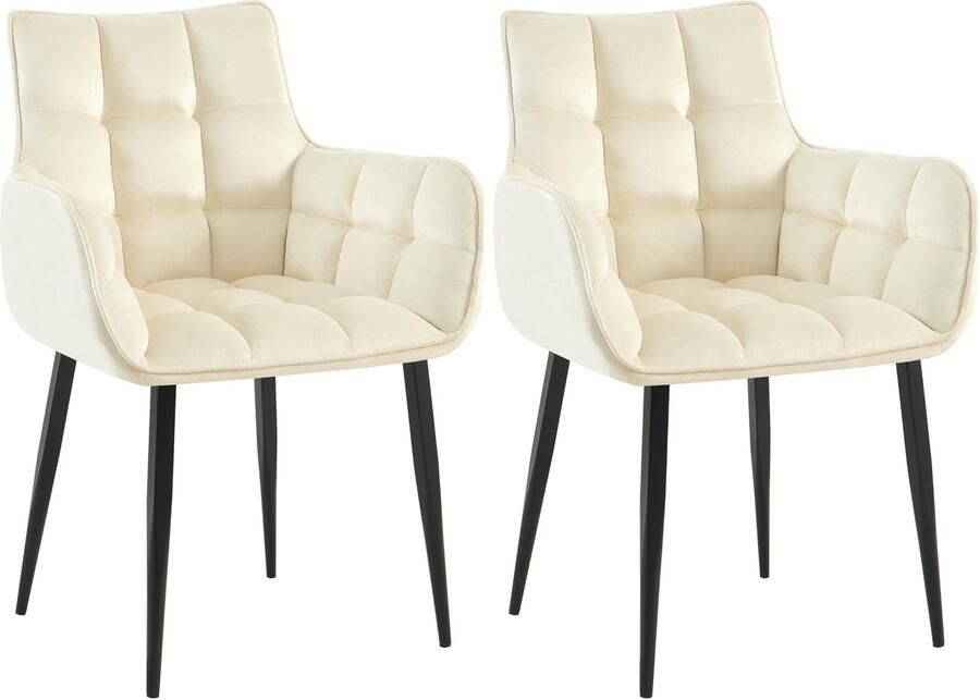 CLP Tirana Set van 2 eetkamerstoelen met armleuning met rugleuning zwart metalen frame fluweel velvet Fluweel creme