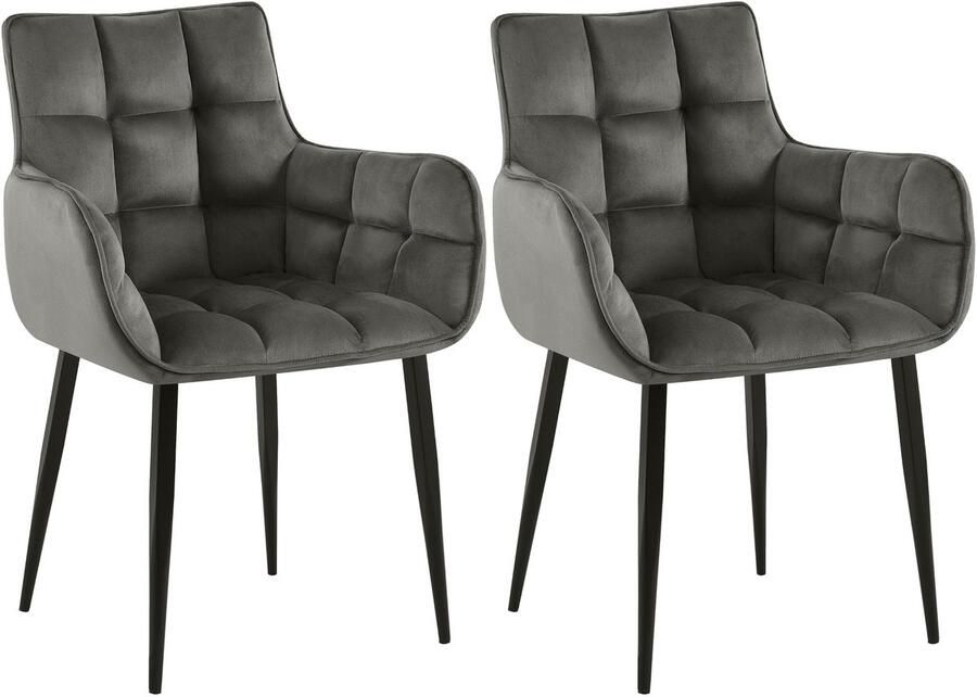 CLP Tirana Set van 2 eetkamerstoelen met armleuning met rugleuning zwart metalen frame fluweel velvet Fluweel antraciet