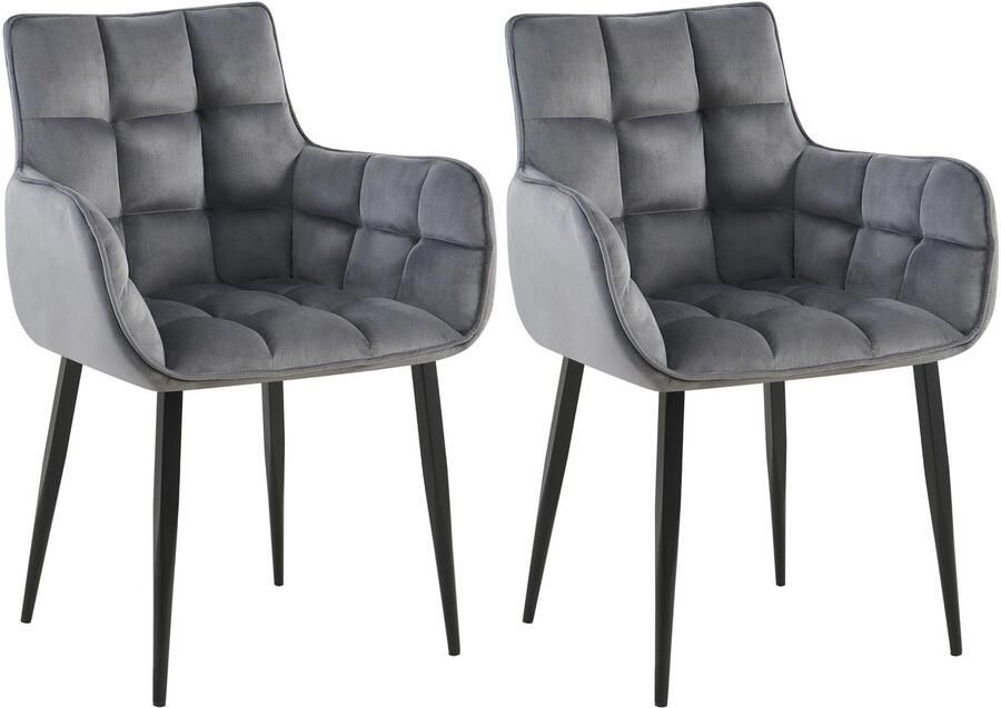 CLP Tirana Set van 2 eetkamerstoelen met armleuning met rugleuning zwart metalen frame fluweel velvet Fluweel donkergrijs