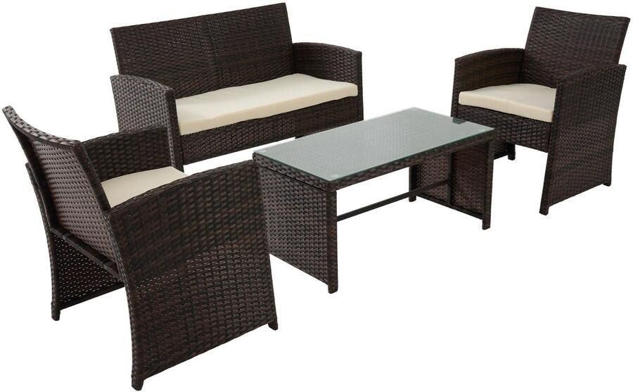 CLP Toruba Loungeset 4-delige Tuinset van Weerbestendig PE-Rattan Inclusief 2 Stoelen 2-Zitsbank & Tafel met Glazen Blad bruin